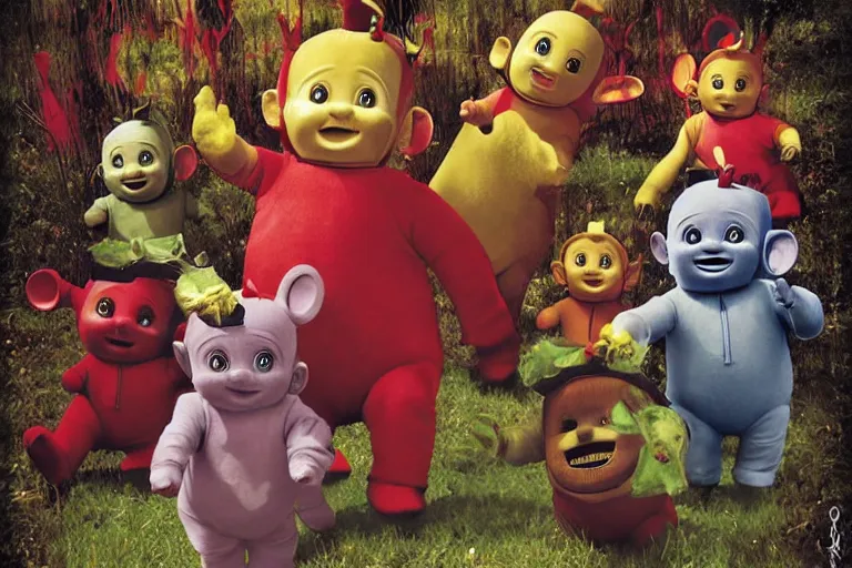 Image similar to teletubbies horro movie, saw teeth, red eyes, macabre, grotesque, greg rutkoswki, artwork, masterpiece