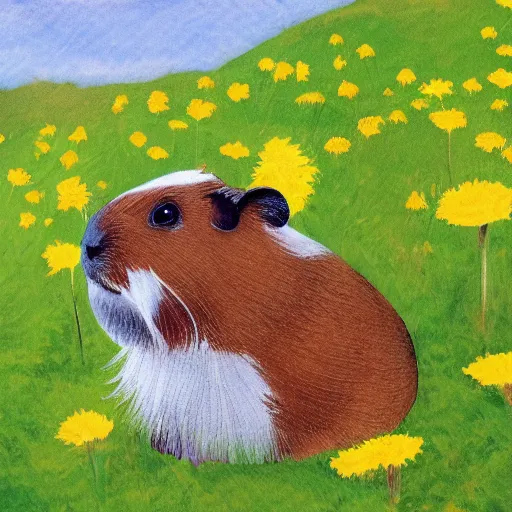 Prompt: a guinea pig sitting in a field of dandelions, an apple tree in the background In the style of Zorn