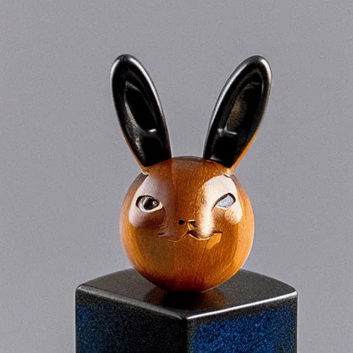 Image similar to a zoomed out studio product shot of a rounded carved smooth cherry wood and resin pokemon umbreon in profile, like a catalog photograph, where distinct sections of the carving are blue resin, but is mostly wood, with a smooth featureless minimalist short wooden nose with no nostrils, and a round minimalist behind