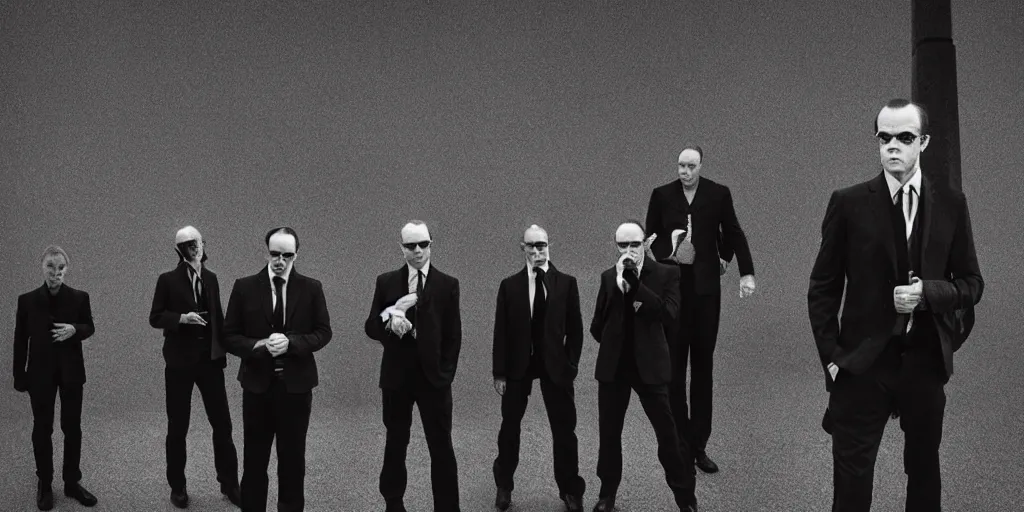 Prompt: Agent Smith, photo of a group, an album cover by David Gilmour Blythe, pinterest, bauhaus, tesseract, composition, national geographic photo, flemish baroque