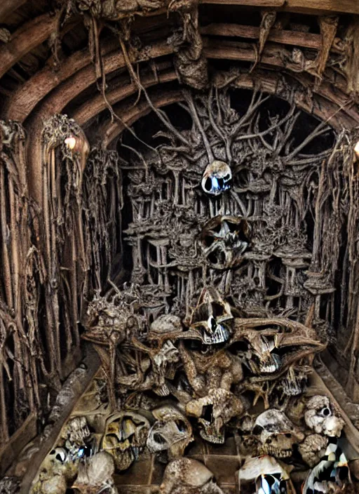 Prompt: Sedlec Ossuary hall, highly detailed, 55 mm lens, art by Ayami Kojima, Beksinski, Giger