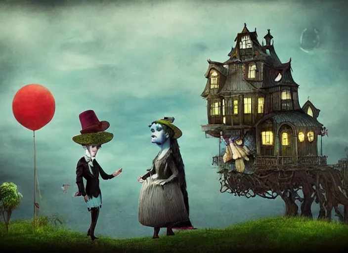 Prompt: 👵🏻👗👔🎩👴🏼, lowbrow, matte painting, in the style of alexander jansson,