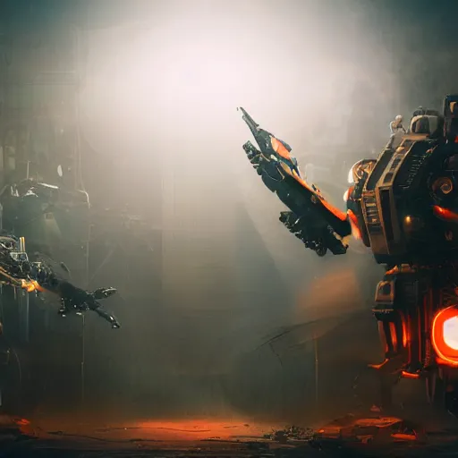 Prompt: failing mecha, dark messy smoke - filled cluttered workshop, dark, dramatic lighting, orange tint, cinematic, highly detailed, sci - fi, futuristic, movie still