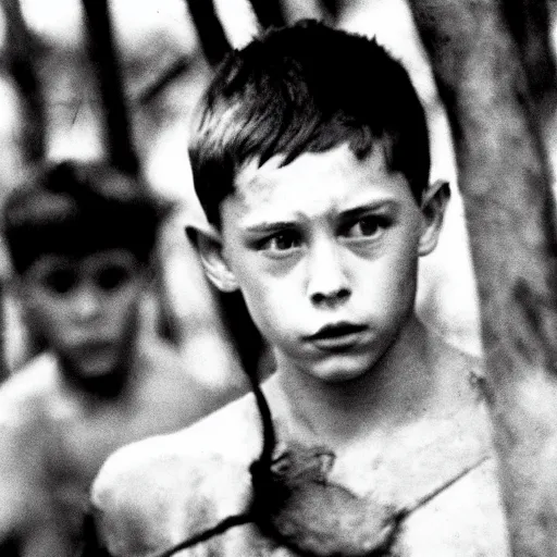 Image similar to logan lerman plays ralph in lord of the flies ( 1 9 6 3 ), 3 5 mm black and white, highly detailed, cinematic lighting