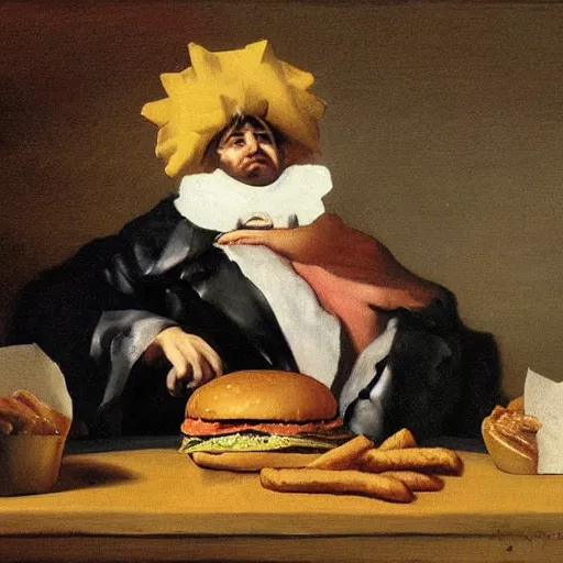 Image similar to burger king eating a burger by francisco goya