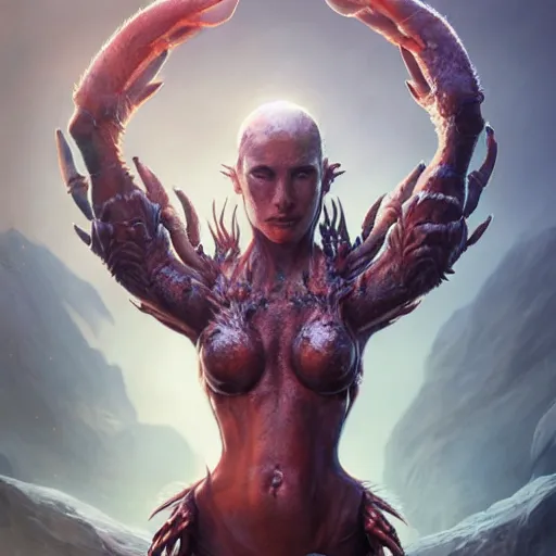 Prompt: half-crab sorceress, volcano, ultra realistic, concept art, intricate details, eerie, highly detailed, photorealistic, octane render, 8k, unreal engine. art by Artgerm and Greg Rutkowski