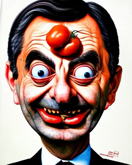 Prompt: portrait of mr bean's face in a bowl full of baked beans, head fully covered in beans and tomato sauce, beans in his eyes sockets, tomato sauce coming from his eyes, open mouth overflowing with baked beans, rowan atkinson, muted colors, surrealist oil painting, highly detailed