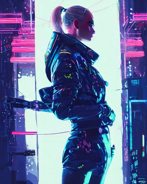 Image similar to neon operator margot robbie, cyberpunk futuristic neon, reflective puffy coat, decorated with traditional japanese ornaments by ismail inceoglu dragan bibin hans thoma greg rutkowski alexandros pyromallis nekro rene maritte illustrated, perfect face, fine details, realistic shaded, fine - face, pretty face