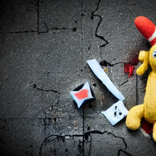 Image similar to a broken toy, crime scene, investigation, evidence, crime photos, night