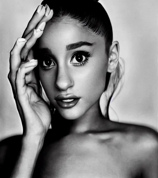 Prompt: award winning photo of Ariana Grande, symmetrical face by Sally Mann & Arnold Newman