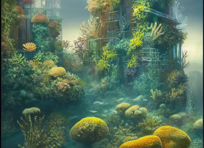 Prompt: overgrown foliage overtaking tall buildings, underwater environment, storefronts, coral, scenery, professional, award - winning, trending on artstation, hyper detailed, realistic, beautiful, emotional, shiny, golden, picture