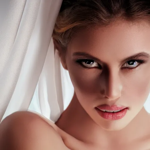 Image similar to filmstill photography of female face covered with white translucent blanket, luxurious supermodel photoshooting, golden jewelry,