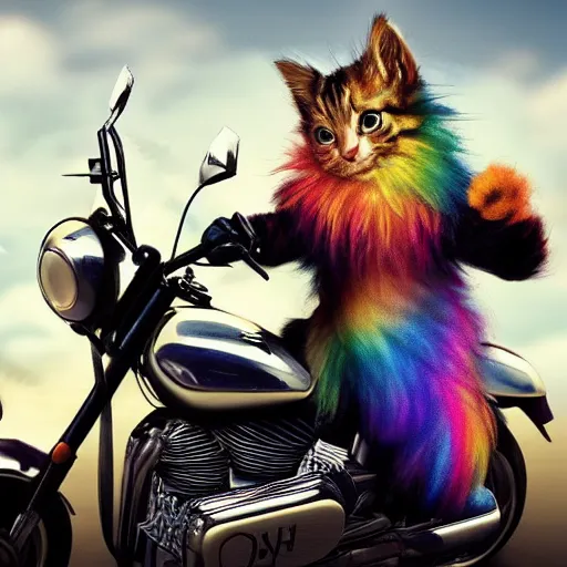 Image similar to wide angle full body, jacket wearing fluffy cute rainbow kitten wearing a black leather motorcycle jacket, riding on a motorcycle, cinematic concept art