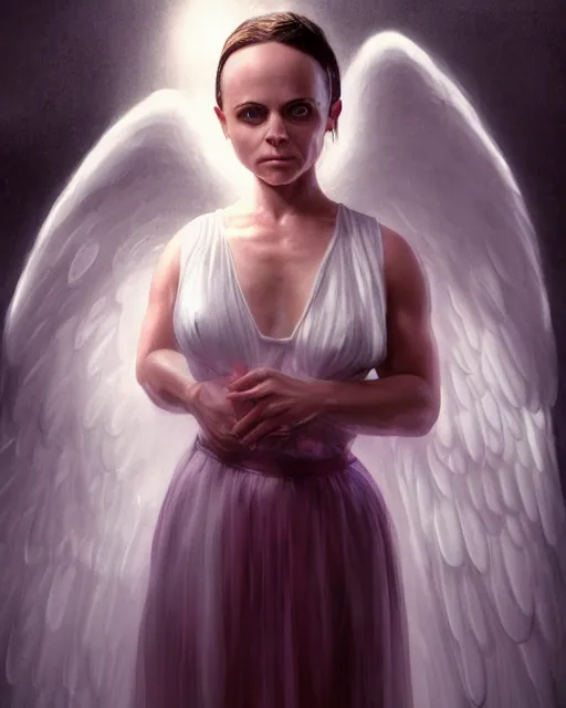 Image similar to Full body potrait of christina Ricci as an angel, hyper realistic, prismatic highlights, atmosphere, gorgeous, depth of field, cinematic, macro, concept art, 50mm, artstation, wlop, elegant, epic, weta digital, focus, octane render, v-ray, 8k, kodak portra, art by Liberatore