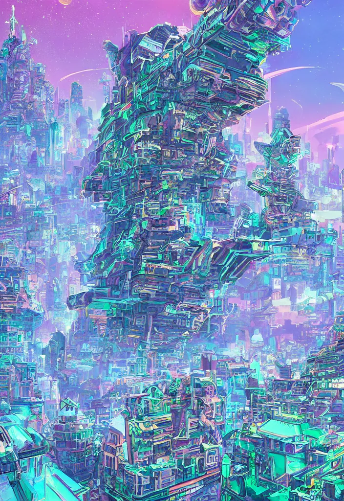 Prompt: concept art image of an intricate detailed dmt skyscraper amidst a futuristic city against a fantastic colorful sky with a couple moons, by anton fadeev & denise scott brown & studio ghibli, anime cell shaded