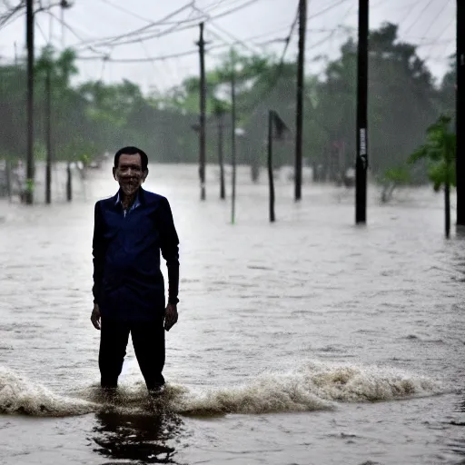 Prompt: a portrait of joko widodo standing in a flood, cinematic lighting