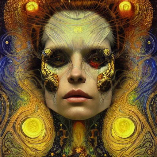 Image similar to Memento Mori by Karol Bak, Jean Deville, Gustav Klimt, and Vincent Van Gogh, beautiful visionary mystical portrait, calavera, otherworldly, fractal structures, ornate gilded medieval icon, third eye, spirals, calavera by Van Gogh