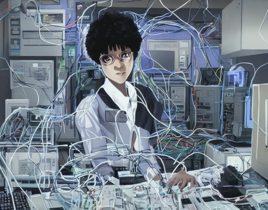 Prompt: dark skin woman wearing a white lab coat with a blue haircut, connected to wires, surrounded by 1 9 8 0 s computers, in the style of serial experiments lain and evangelion 1 9 9 5, dynamic lighting, dark ambience, cell - shaded, detailed face, retro tech