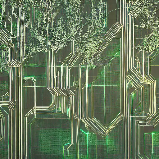 Prompt: trees made from densely detailed circuits and transistors, led, translucent pastel berk, hyperrealistic vfx render h 1 0 2 4