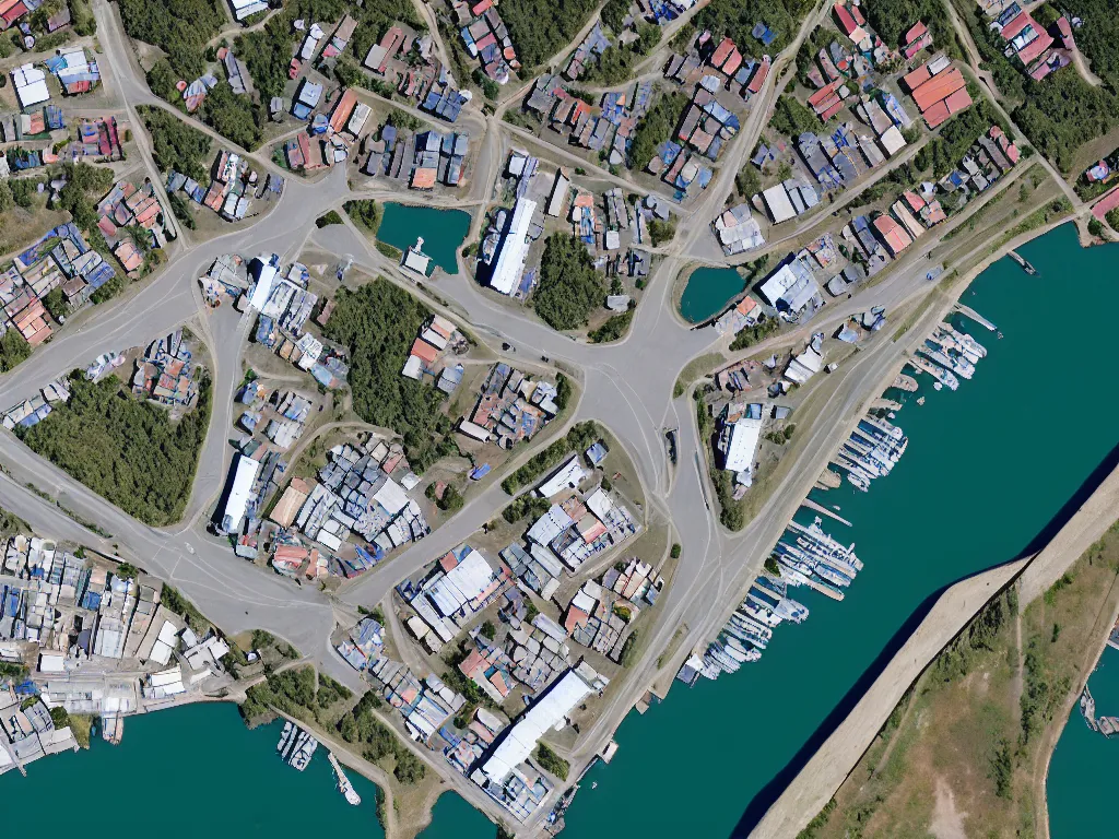 Image similar to satellite imagery of a small city with shops, shipping dock, and beach to the south. a bridge crosses a big lake, with a town hall, marketplace, and towers to the north. there is a field in the middle of the city. small hills and woods north of the city