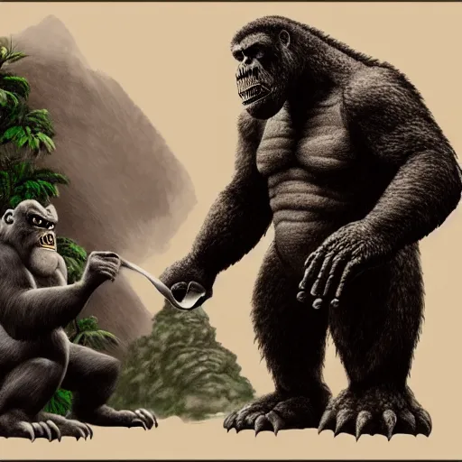 Prompt: a portrait of godzilla and king kong sitting down 1 8 a cup of tea digital concept art