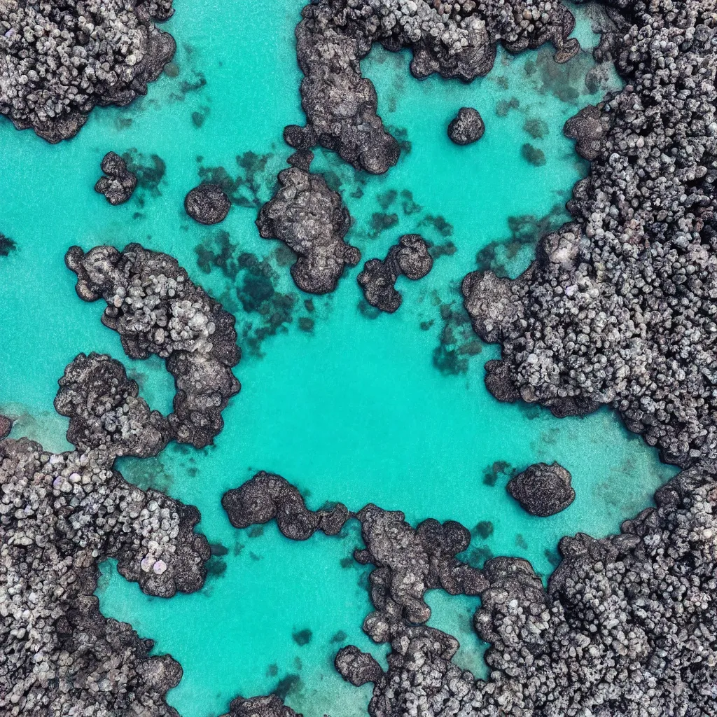 Image similar to birds eye view above a crystal clear blue ocean with swirling sea foam, dark black smooth obsidian boulders, floating kelp, small fishes, octopus, dolphins, stingrays, whale