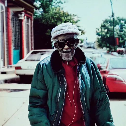 Prompt: photo, 1 0 0 year old black man wandering in memphis neighborhood, moncler jacket, circular sunglasses, portrait, kodak ektachrome, greenish expired film, award winning, low contrast