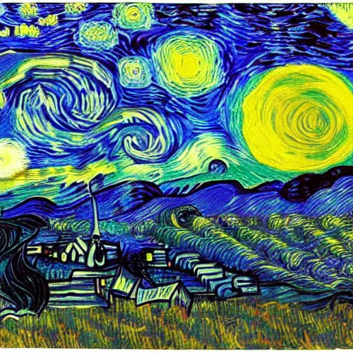 Image similar to painting of alien invasion apocalypse by Vincent Van Gogh