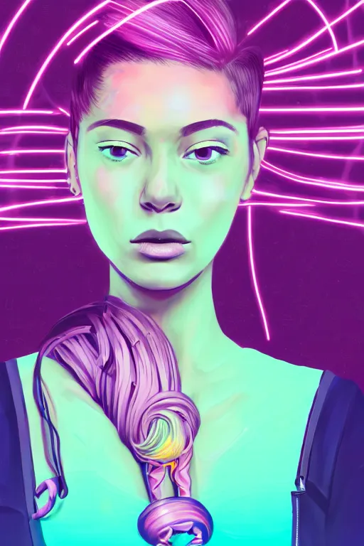 Image similar to a award winning half body portrait of a beautiful woman in a croptop and cargo pants with ombre purple pink teal hairstyle and hands in pockets by ari liloan, surrounded by whirling illuminated lines, outrun, vaporware, shaded flat illustration, digital art, trending on artstation, highly detailed, fine detail, intricate