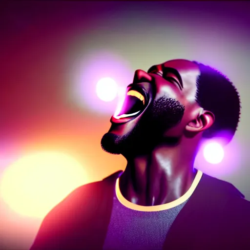 Image similar to a black man singing with all teeth shown ultra realistic, lens flare, atmosphere, glow, detailed, intricate, full of colour, cinematic lighting, trending on artstation, 4 k, hyperrealistic, focused, extreme details, unreal engine 5, cinematic, masterpiece, ultra realistic, hyper realistic, highly detailed, sharp focus, digital art