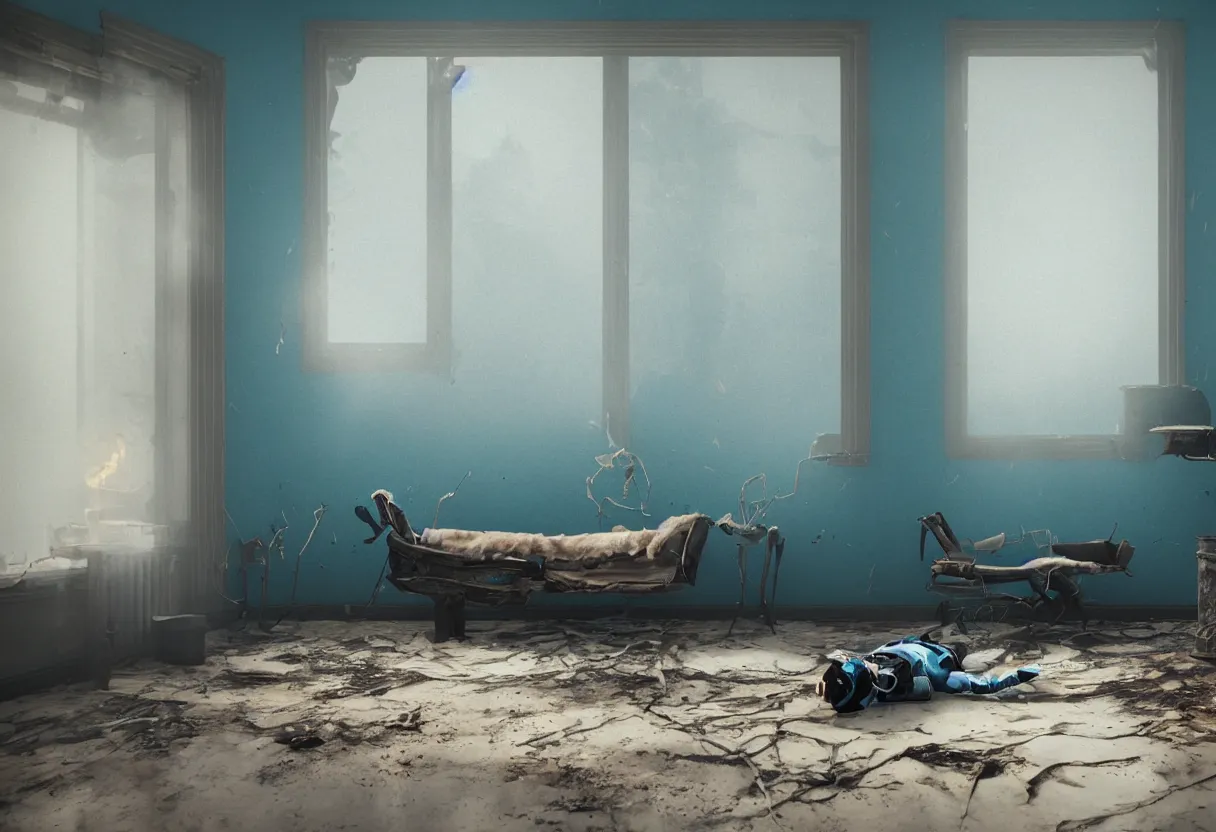 Prompt: intimate photograph of one single lone solitary cerulean and brown decaying futuristic robot lying on a frayed fainting couch in front of a beautiful fireplace with a cozy fire, in a dusty Victorian home, soft morning light seeping in a window, with cinematic lighting and lens flare, tall ceiling, octane render, cgsociety, by Simon Stalenhag and Rouhollah Toghyani and Sylvian Boussiron and Alfonso Cuaron, highly detailed closeup portrait, award-winning highly detailed 8k anamorphic closeup tight cinematic movie photograph