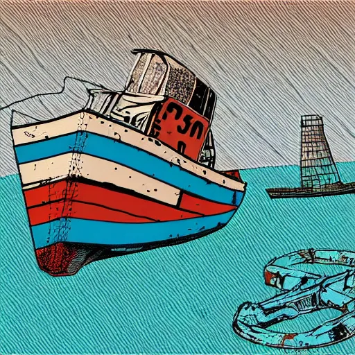 Prompt: an abandoned ship on the aral sea desert, in the style of daniel johnston and outsider art, 8 k, line brush, minimal, gradiated colors, overlaid with cyrillic adverts