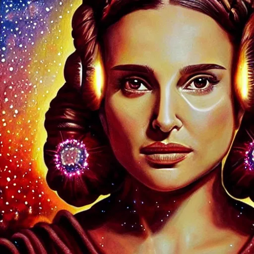 Image similar to a beautiful painting of a ornate highly detailed natalie portman as princess leia, nebulas in the background