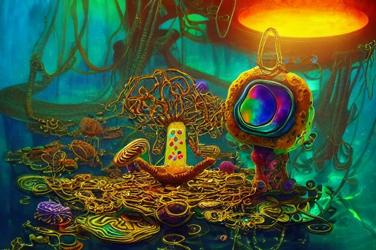 Prompt: psychedelic spongebob with trinket necklace, epic angle and pose, reflective pool, symmetrical artwork, ayahuasca, translucent, fungus, energy flows of water and fire, highly detailed, epic cinematic concept art, excellent composition, dystopian brutalist atmosphere, dynamic dramatic lighting, aesthetic, very inspirational, arthouse, Greg Rutkowski, Artgerm