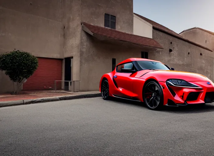 Prompt: Cannon photo of red Toyota supra made in 2022 front sideview parked on street