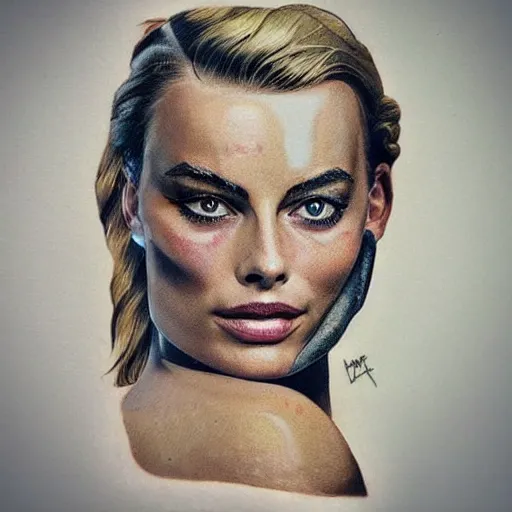 Prompt: face morph tattoo design sketch of margot robbie blended in beautiful mountain scenery, in the style of den yakovlev, amazing detail