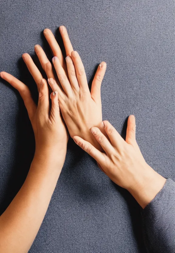 Prompt: photorealistic woman's hand with palm up, back of hand on the table, palm pattern visible, instagram photo, studio photo, 9 0 mm, f / 1. 4