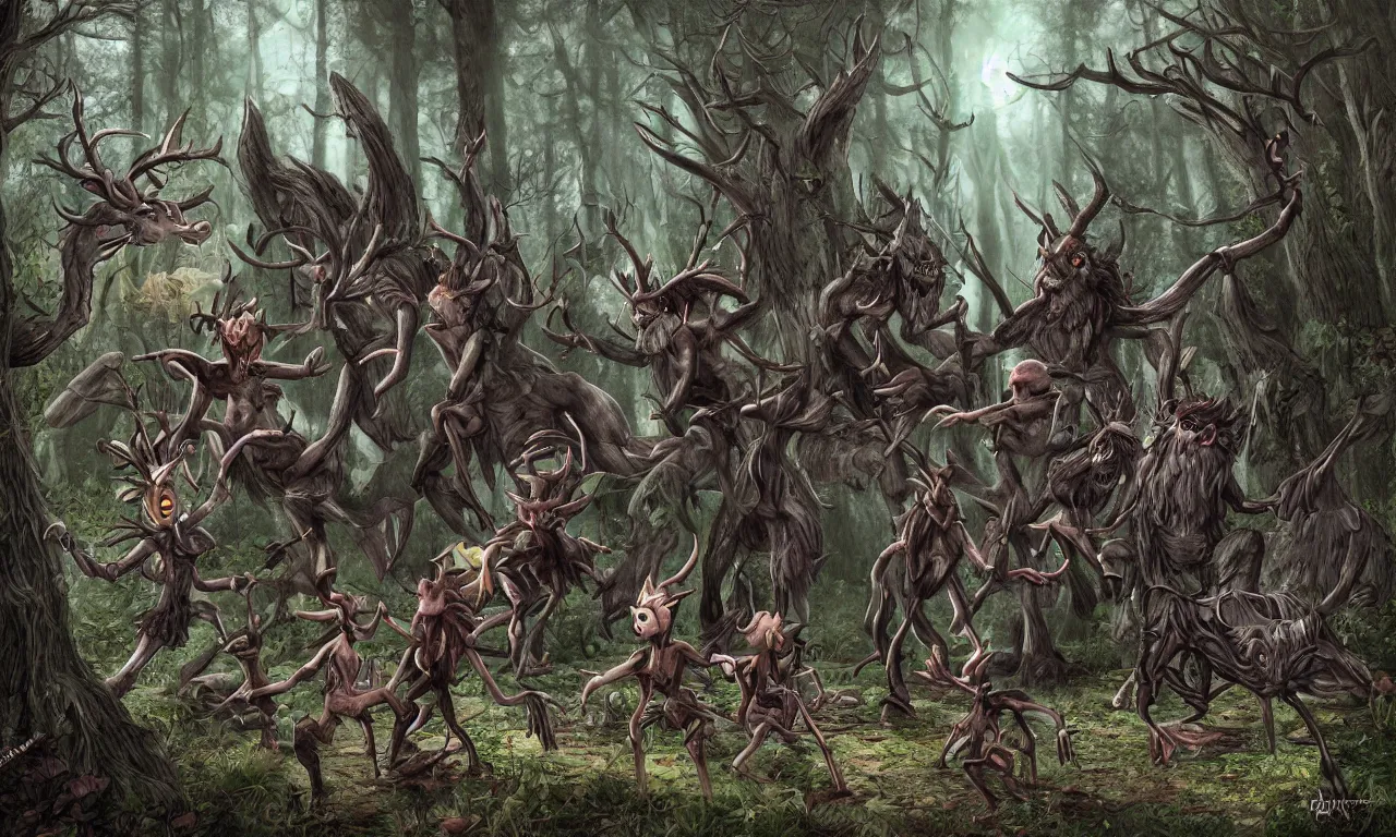 Image similar to Faeries and gnomes fighting a Wendigo in an enchanted forest, photorealistic, dark, digital painting