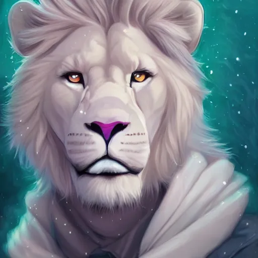 Image similar to aesthetic portrait commission of a albino male furry anthro lion with a tv for head displaying lions face while wearing a vaporwave stylized attractive masculine pastel winter outfit, winter Atmosphere. Character design by charlie bowater, ross tran, artgerm, and makoto shinkai, detailed, inked, western comic book art, 2021 award winning painting