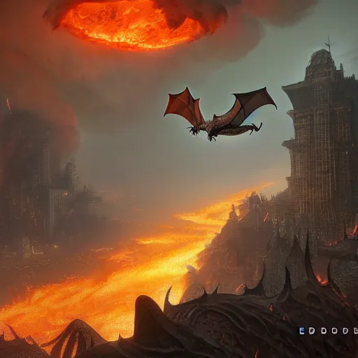 Image similar to horror dragon flying over a city, fire, lava, smoke, ethereal, matte painting, highly detailed, by eddie mendoza and tyler edlin, 8 k resolution