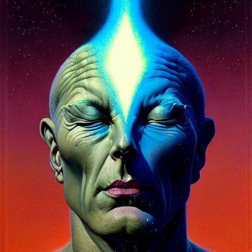 Prompt: cinematic portrait of a cosmic god, only head and chest, intricate, desaturated, Tim Hildebrandt, Wayne Barlowe, Bruce Pennington, donato giancola, larry elmore, maxfield parrish, Moebius, Thomas Ehretsmann, oil on canvas, gouache painting, masterpiece, trending on artstation, cinematic composition, dramatic pose, volumetric lighting, sharp, details, hyper-detailed, HD, 4K, 8K