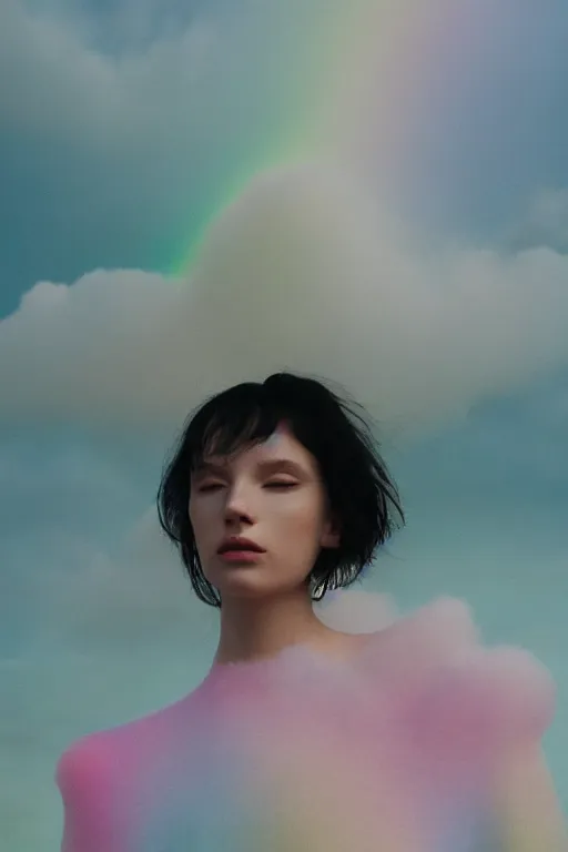 Image similar to high quality pastel coloured film close up wide angle photograph of a model wearing clothing resting on cloud furniture in a icelandic black rock!! environment in a partially haze filled dreamstate world. three point light, rainbow. photographic production. art directed. pastel colours. volumetric clouds. pastel gradient overlay. waves glitch artefacts. extreme facial clarity. 8 k. filmic.