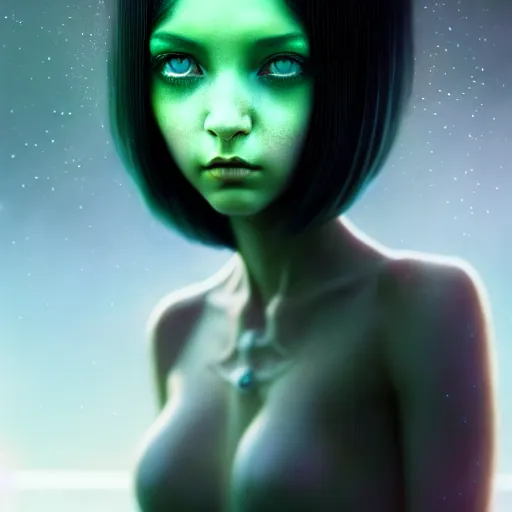 Image similar to insect - like alien - girl by tom bagshaw, green eyes and long black hair by ilya kuvshinov, rtx reflections, octane render 1 2 8 k, extreme high intricate details by wlop, digital anime art by ross tran, wide shot, close up shot, composition by sana takeda, dramatic lighting by greg rutkowski