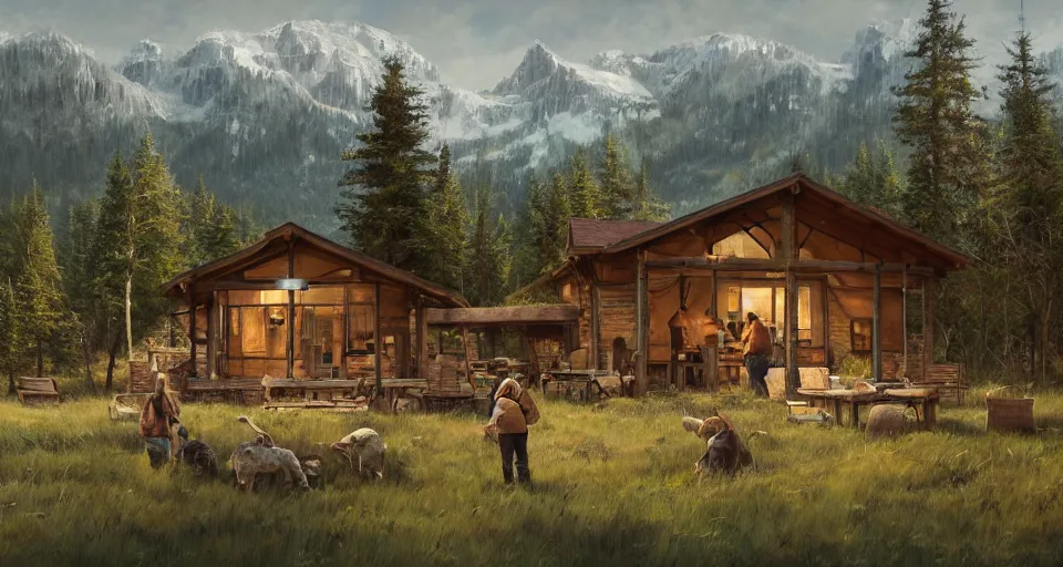 Image similar to cabela's beautiful comfortable modular pop - up insulated all terrain family dwelling, cabin,, person in foreground, mountainous forested wilderness open fields, beautiful views, painterly concept art, joanna gaines, environmental concept art, farmhouse, magnolia, concept art illustration, by james gurney, by craig mullins, by greg rutkowski trending on artstation