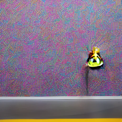 Image similar to one hyper real rubber duck on a pedestal in an art gallery, the walls are covered with colorful geometric wall paintings in the style of sol lewitt.