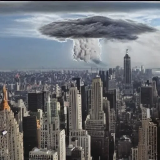 Image similar to realistic image of a tall nuclear bomb cloud over new york city, cctv footage, high quality