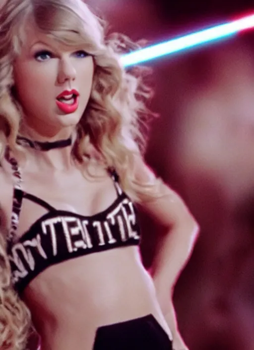 Image similar to film still of taylor swift wearing a cheerleader outfit being swallowed by a snake, in the movie star wars. goo, saliva, sweat, oily substances.