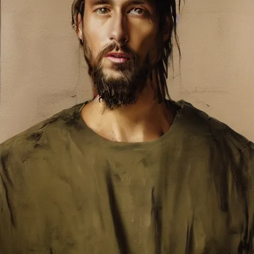 Image similar to a full body portrait of modern day jesus wearing olive green yeezy menswear collection by nicola samori, detailed, oil painting, smudges, hyper realistic, 8 k, yeezy collection