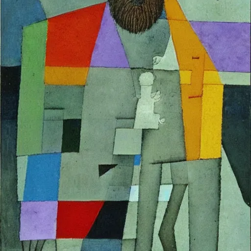 Image similar to paul klee painting of beard grandpa taking a photo to a baby girl