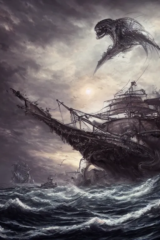 Image similar to A stunning photo of the Kraken attacking a ship at sea, hyperdetailed, mythology, Trending on artstation